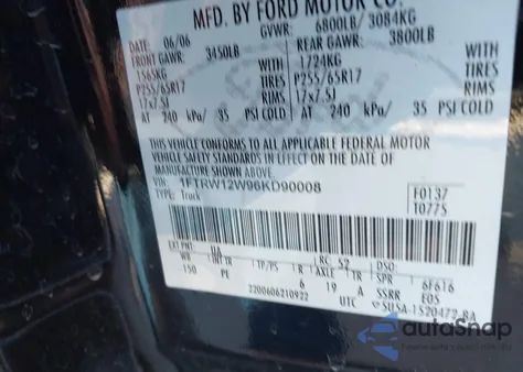 2006 Ford F-150 Xlt from USA, damaged, VIN 1FTRW12W96KD90008